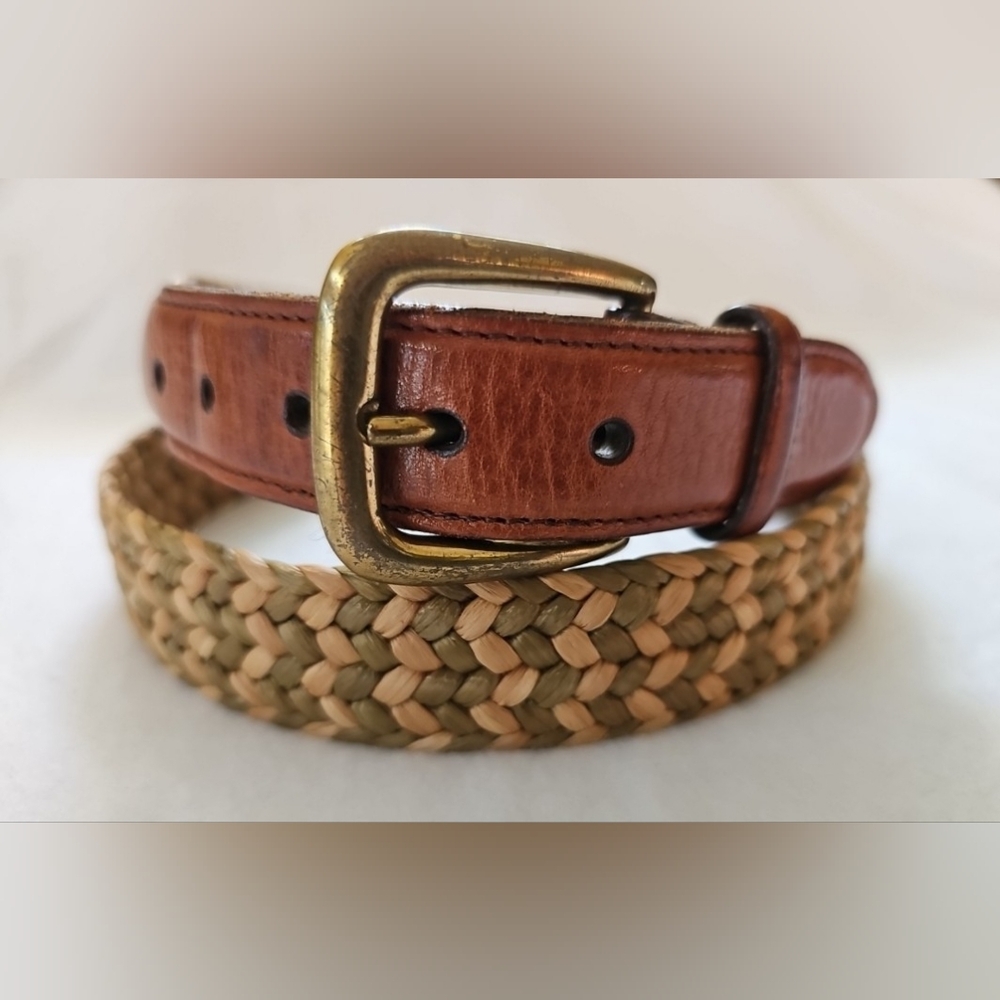 Torino Herringbone Weave 2-Toned Leather & Rafia Belt - Beige/Sage Size 38